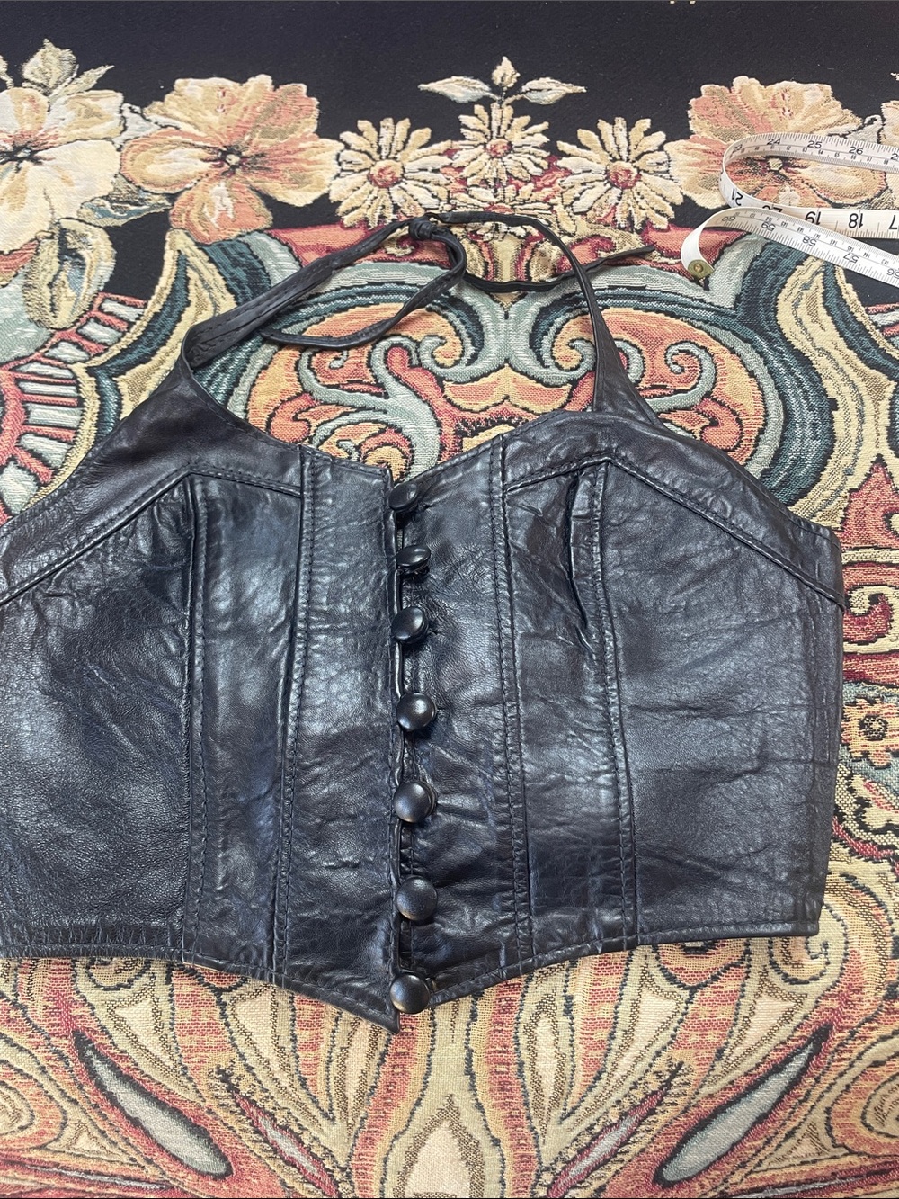 VINTAGE Easy Riders Black Leather Covered Button-Front Bustier Top